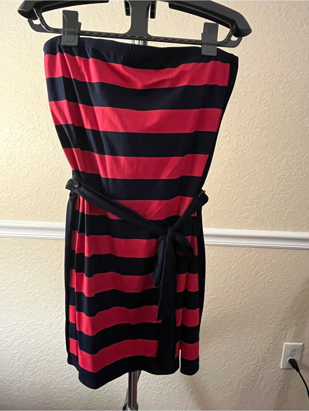 DKNY Strapless Belted Dress in Red and Navy Stripes